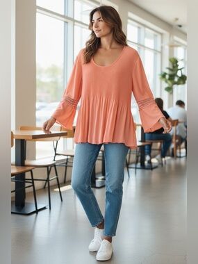 Cato Coral Bell-Sleeve Peplum Tunic